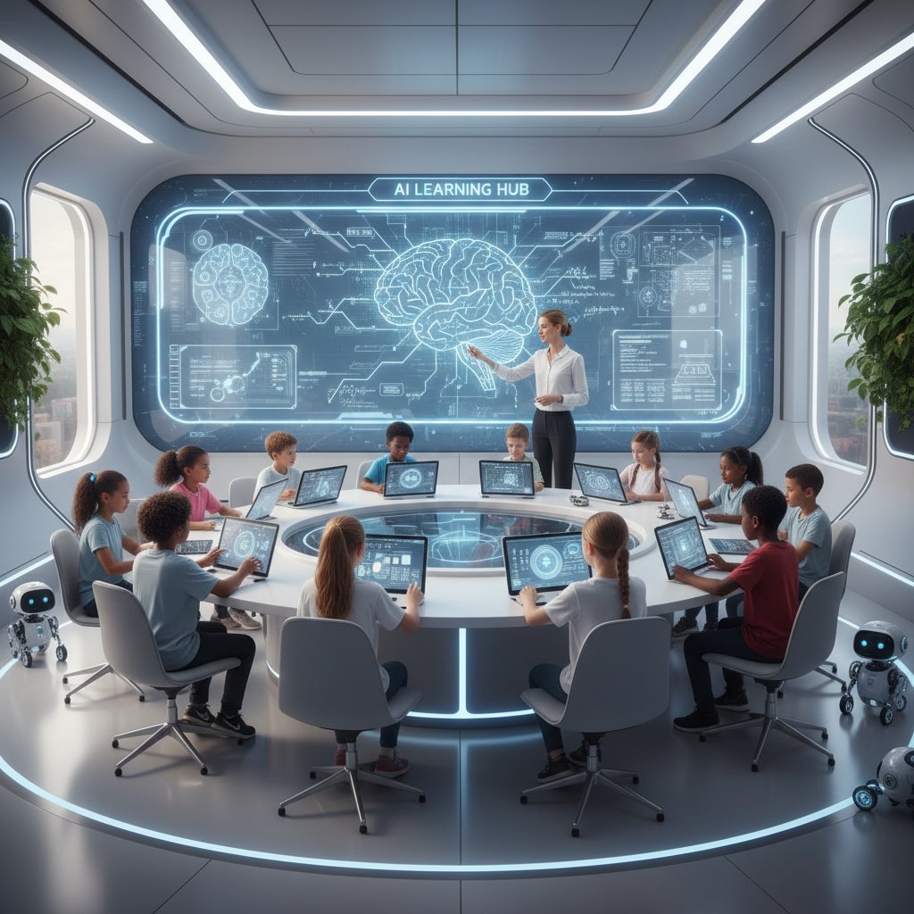 Nowoczesna klasa z technologią AI, uczniowie korzystający z tabletów i nauczyciel przy tablicy cyfrowej