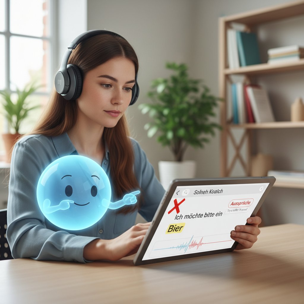 Osobisty trener AI udzielający wskazówek w aplikacji do nauki niemieckiej wymowy, wizualizacja postępów użytkownika