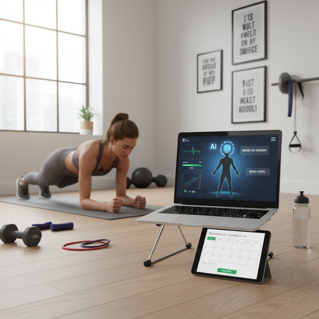 Wirtualny trener AI prezentujący plan treningowy na ekranie laptopa