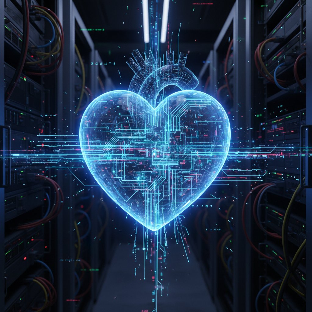 Kod sztucznej inteligencji i cyfrowe serce, symbol partnerki online