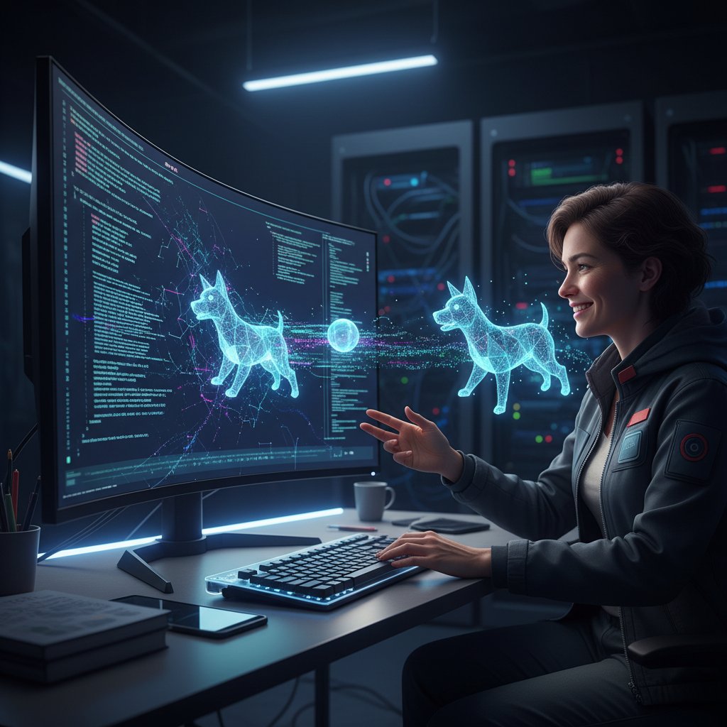 Kod AI wyświetlany na ekranie i osoba reagująca pozytywnie na wirtualnego psa