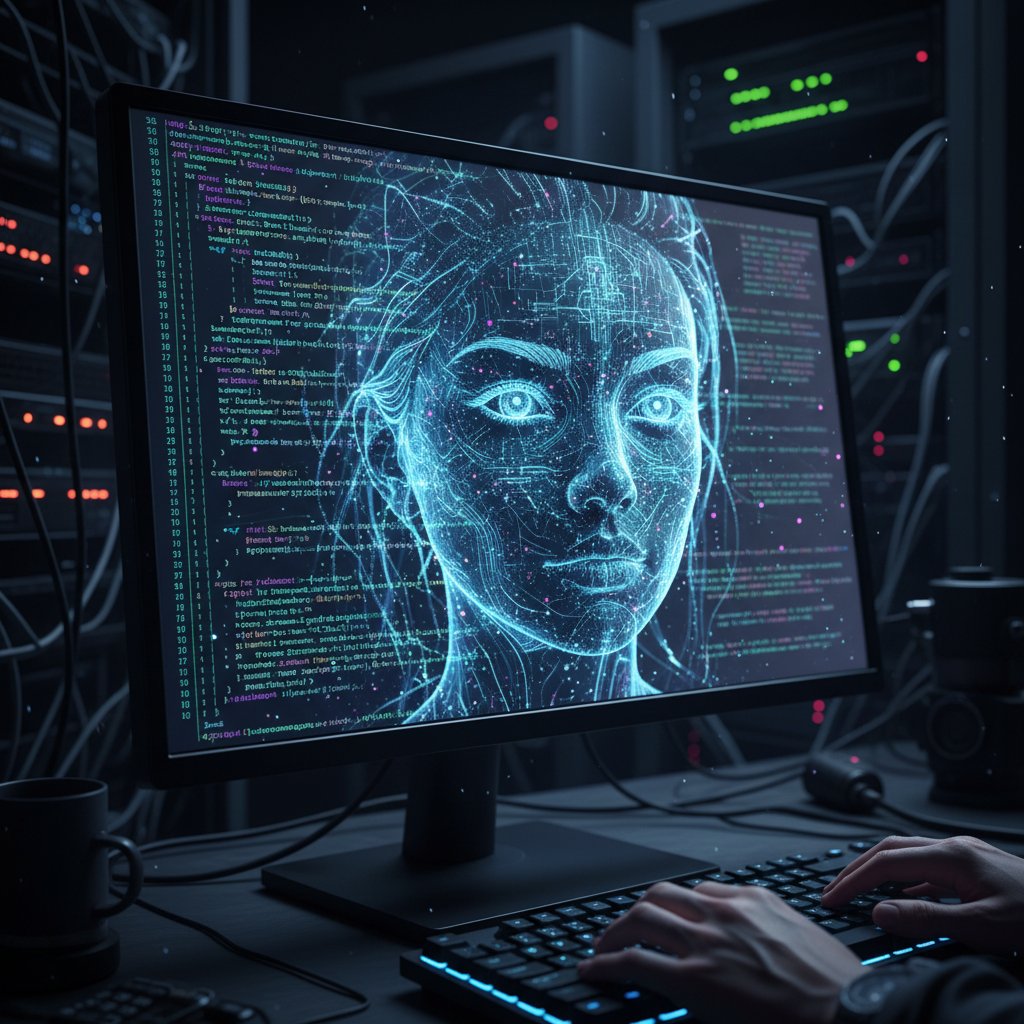 Technologiczne serce generatora avatarów: zbliżenie na ekran komputera z kodem AI i realistyczną twarzą