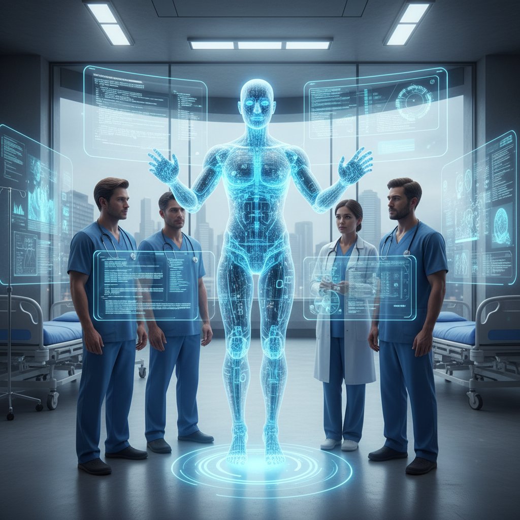 Programista analizujący kod AI wraz z zespołem lekarzy, transparentność AI w medycynie