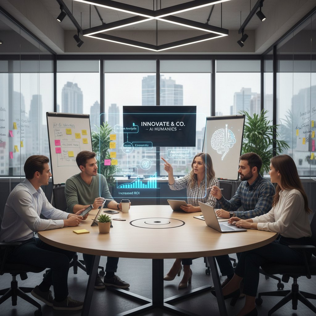 Pracownicy AI współpracują z ludźmi w biurze, efektywność content marketingu