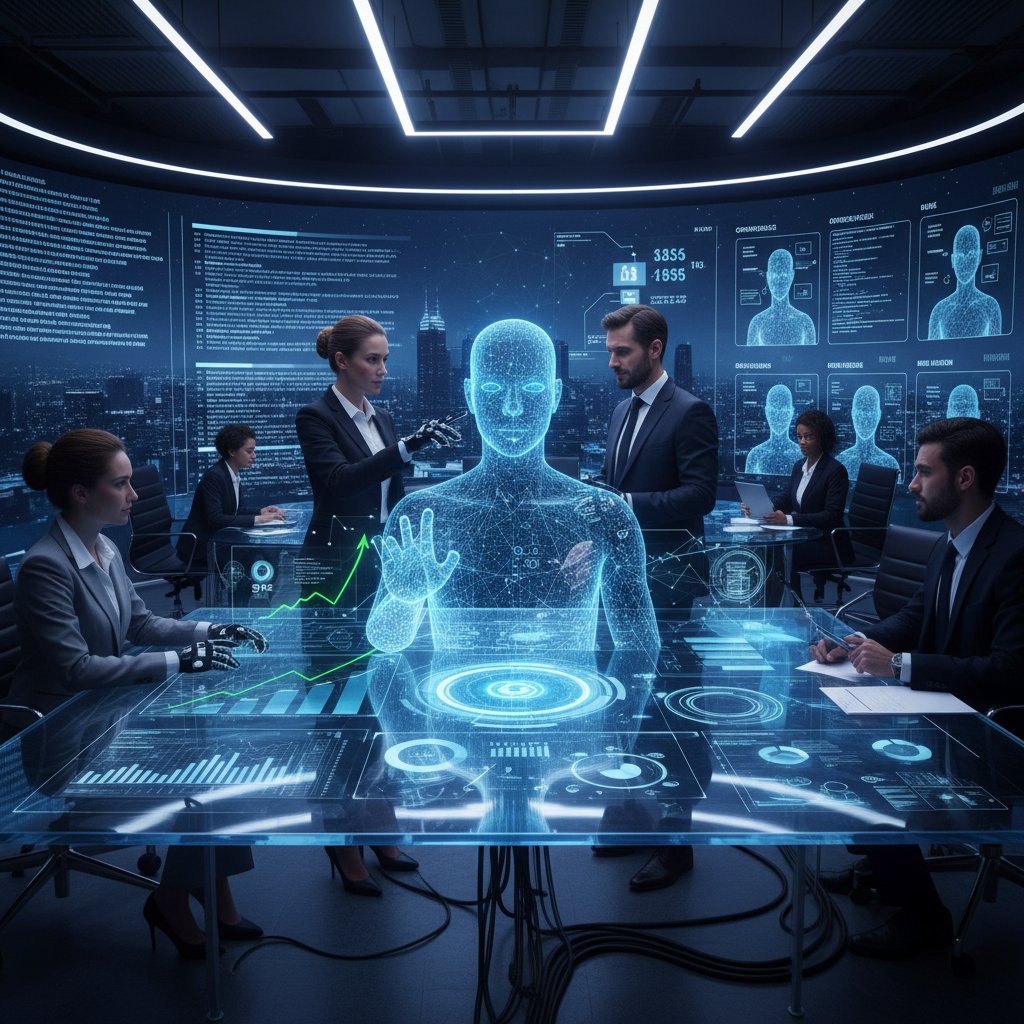 AI reshaping enterprise teamwork culture, with a diverse team and AI avatar debating strategy over a digital screen
