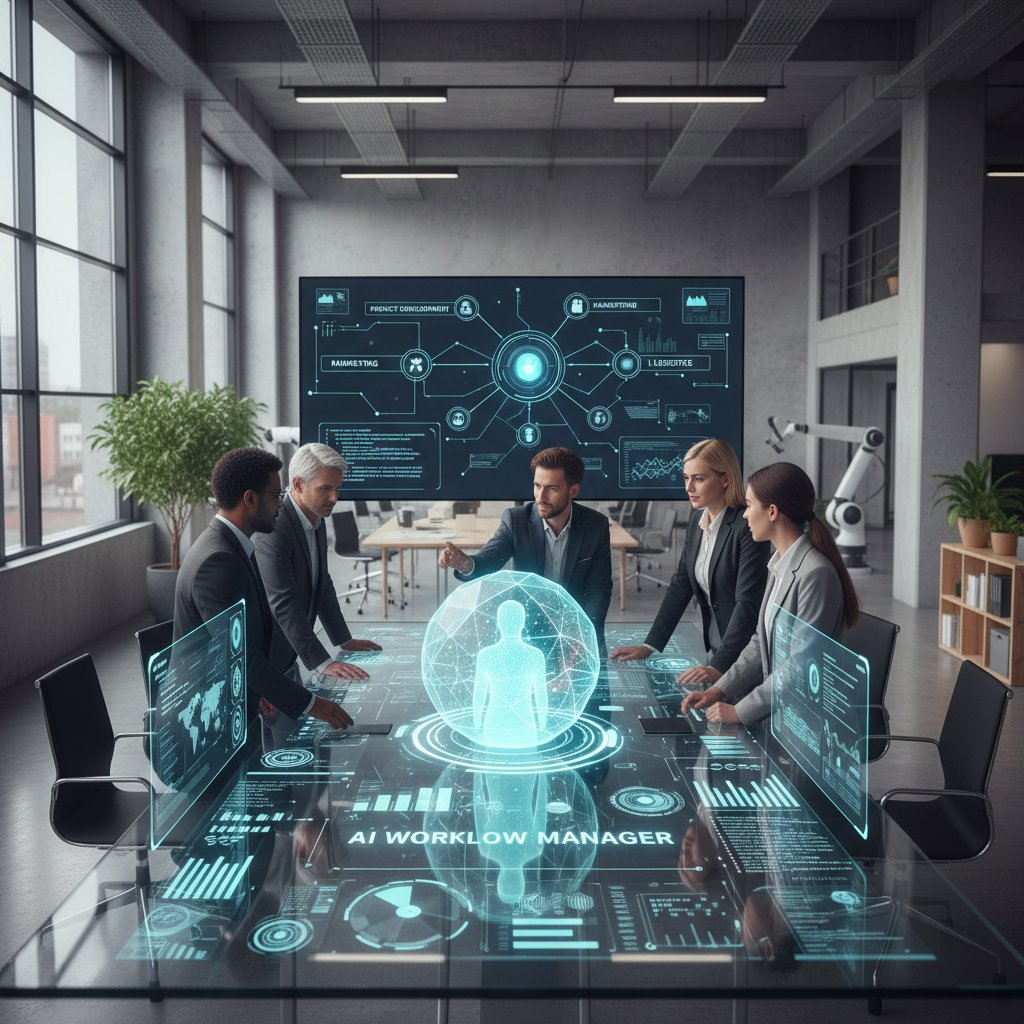 AI-powered collaboration in modern office with intelligent assistant, workflow manager AI