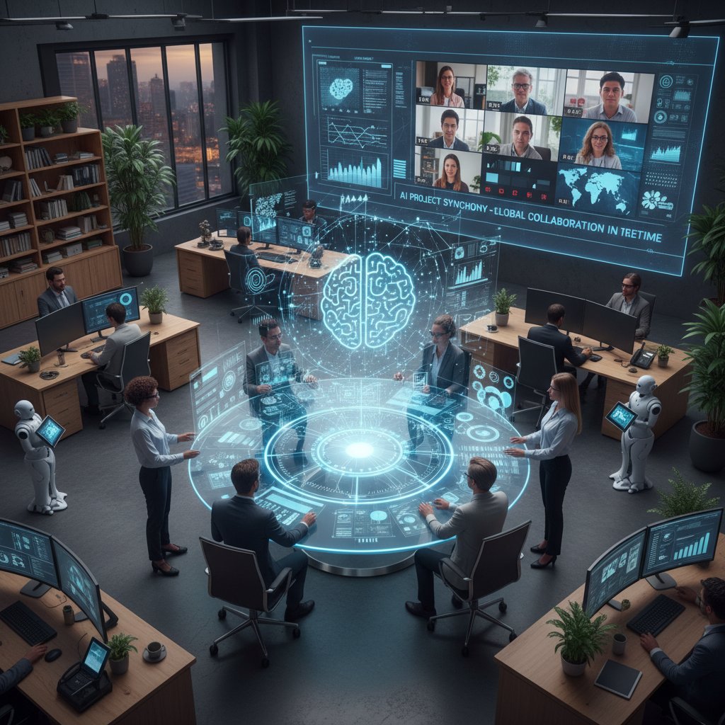 Zespół ludzi i wirtualny pracownik AI współpracujący przy biurowym projekcie