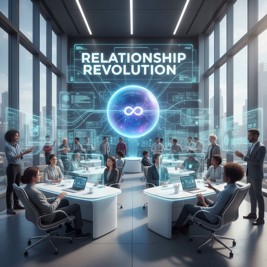 Nowoczesne biuro ze sztuczną inteligencją komunikującą się z ludźmi – symbol rewolucji w relacjach społecznych