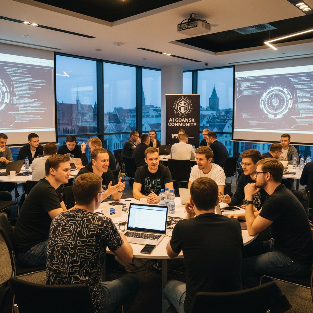 Spotkanie społeczności AI w Gdańsku, ludzie dyskutujący o technologii w przyjaznej atmosferze