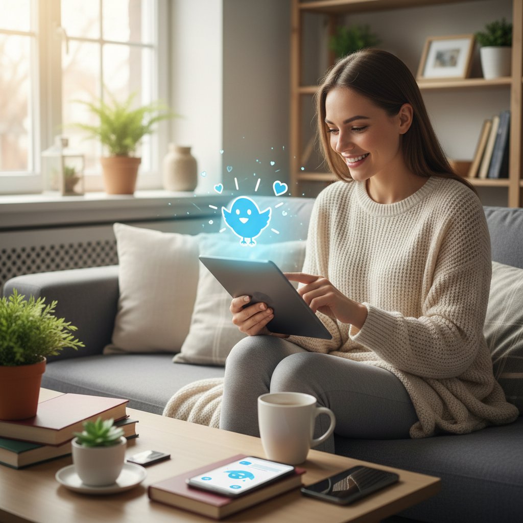 Wsparcie AI w praktyce – młoda kobieta z telefonem, uśmiechnięta, w tle spokojny dom