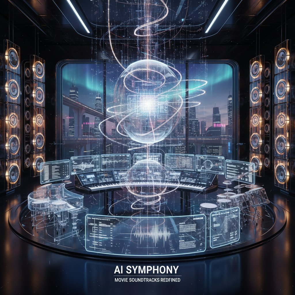AI-generated waveform overlaying movie editing timeline in a futuristic digital studio