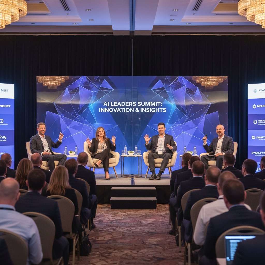 Konferencja branżowa, specjaliści AI i przedsiębiorcy wymieniający doświadczenia