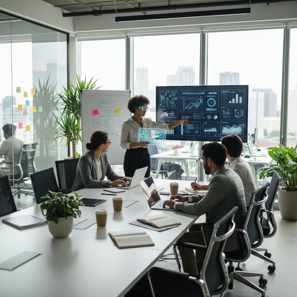 Nowoczesny konsultant AI wspierający zespół ludzi w biurze po wdrożeniu optymalizacji