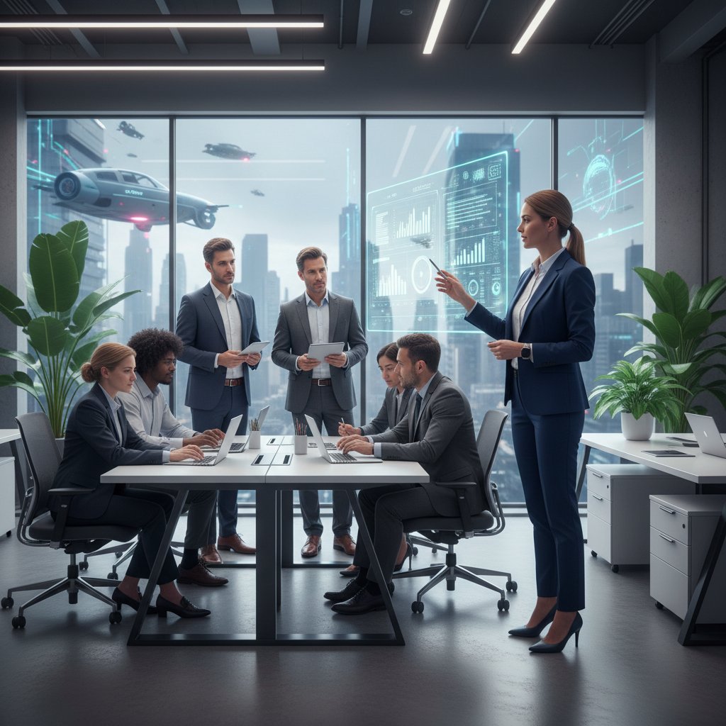 Nowoczesny interfejs konsultanta AI na ekranie biurowym, menedżer korzysta z rekomendacji