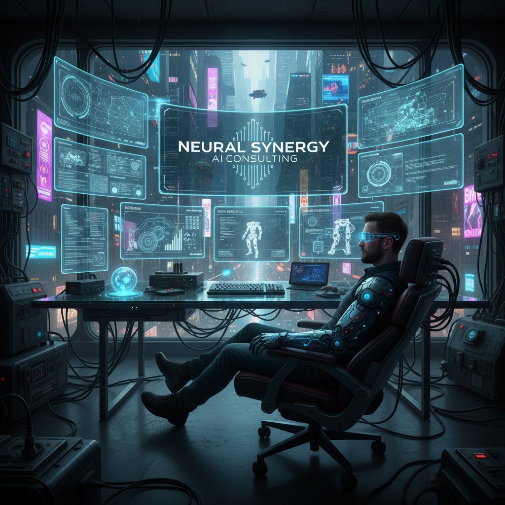 Nowoczesny konsultant analizuje dane AI na wielu ekranach, otoczony technologią w stylu cyberpunk