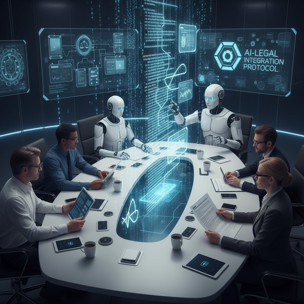 Nowoczesna sala konferencyjna, zespół IT korzystający z konsultacji AI, ekrany z kodem i dokumentami prawnymi