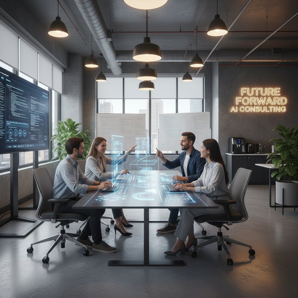 Zespół konsultantów AI w nowoczesnym biurze, rozmowy przy komputerach, atmosfera współpracy
