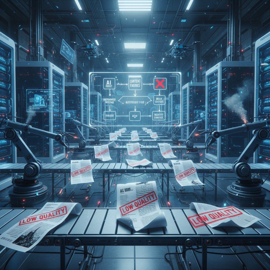Early AI content automation tools producing repetitive, low-quality articles in a digital factory