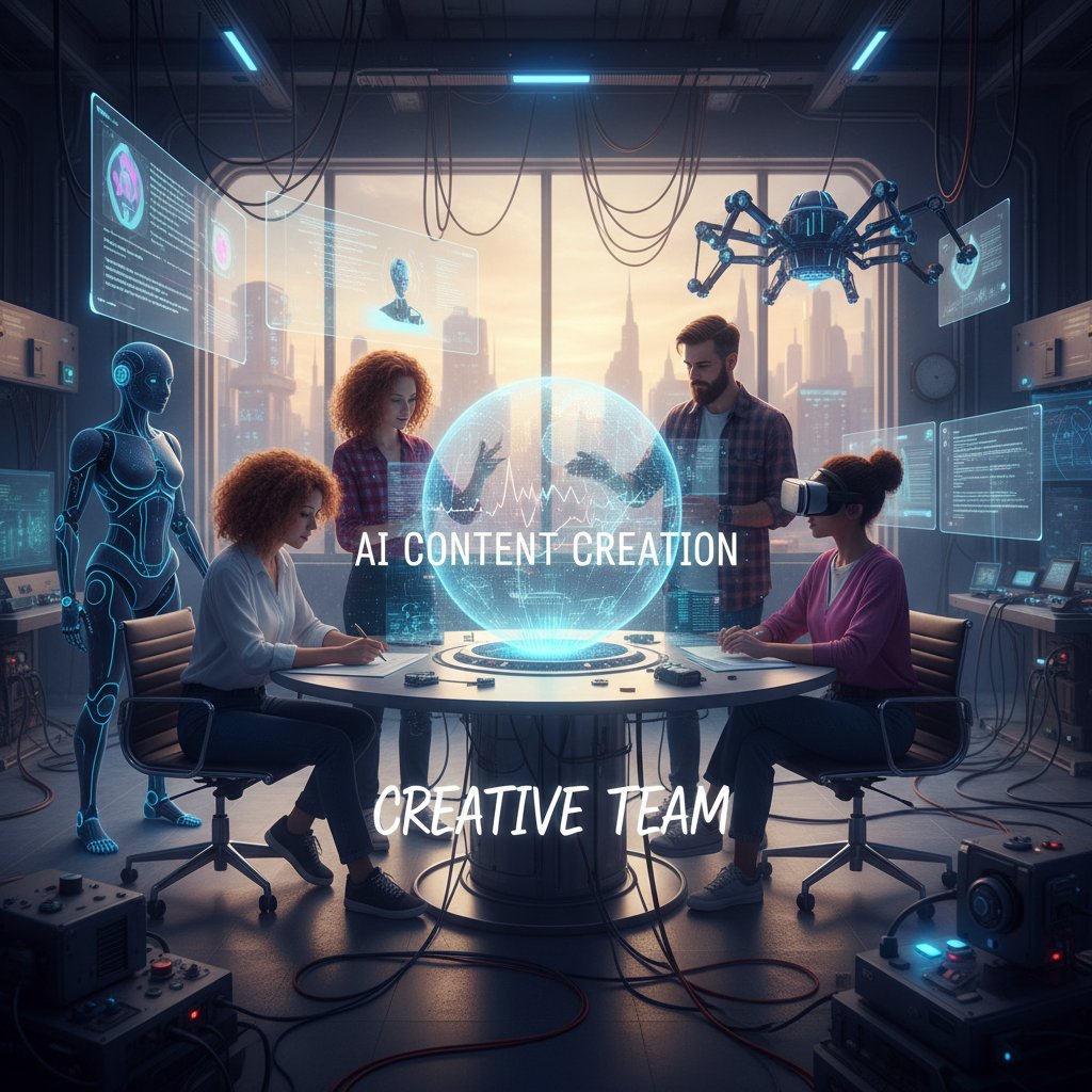 Zdjęcie marketerów korzystających z AI do tworzenia treści, połączenie technologii i kreatywności