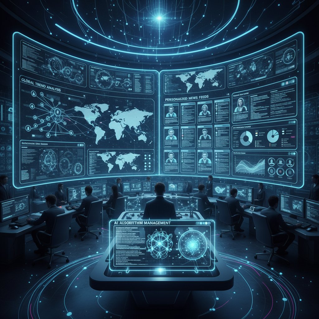 Nowoczesne centrum dowodzenia AI – ekrany z wykresami trendów, osoby analizujące dane o personalizacji newsów