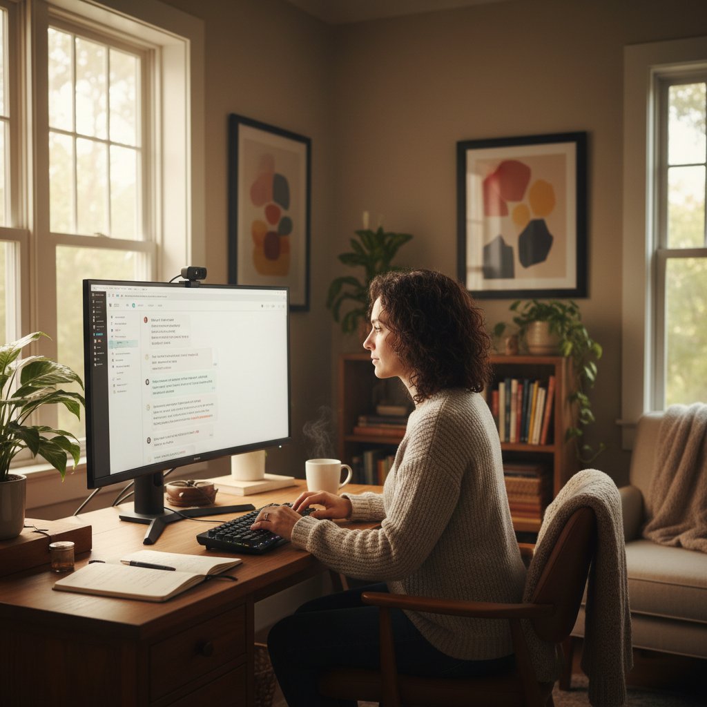 Młoda osoba ćwiczy rozmowę z AI na nowoczesnej platformie w domowym biurze