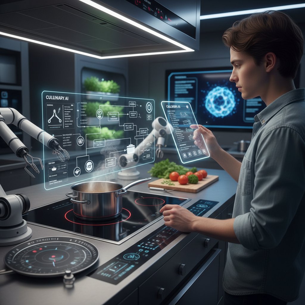 Młoda osoba korzystająca z aplikacji kucharz.ai podczas gotowania w smart kuchni