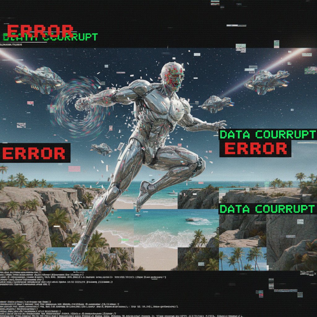 AI-created movie blooper, AI-generated scene glitching in uncanny ways