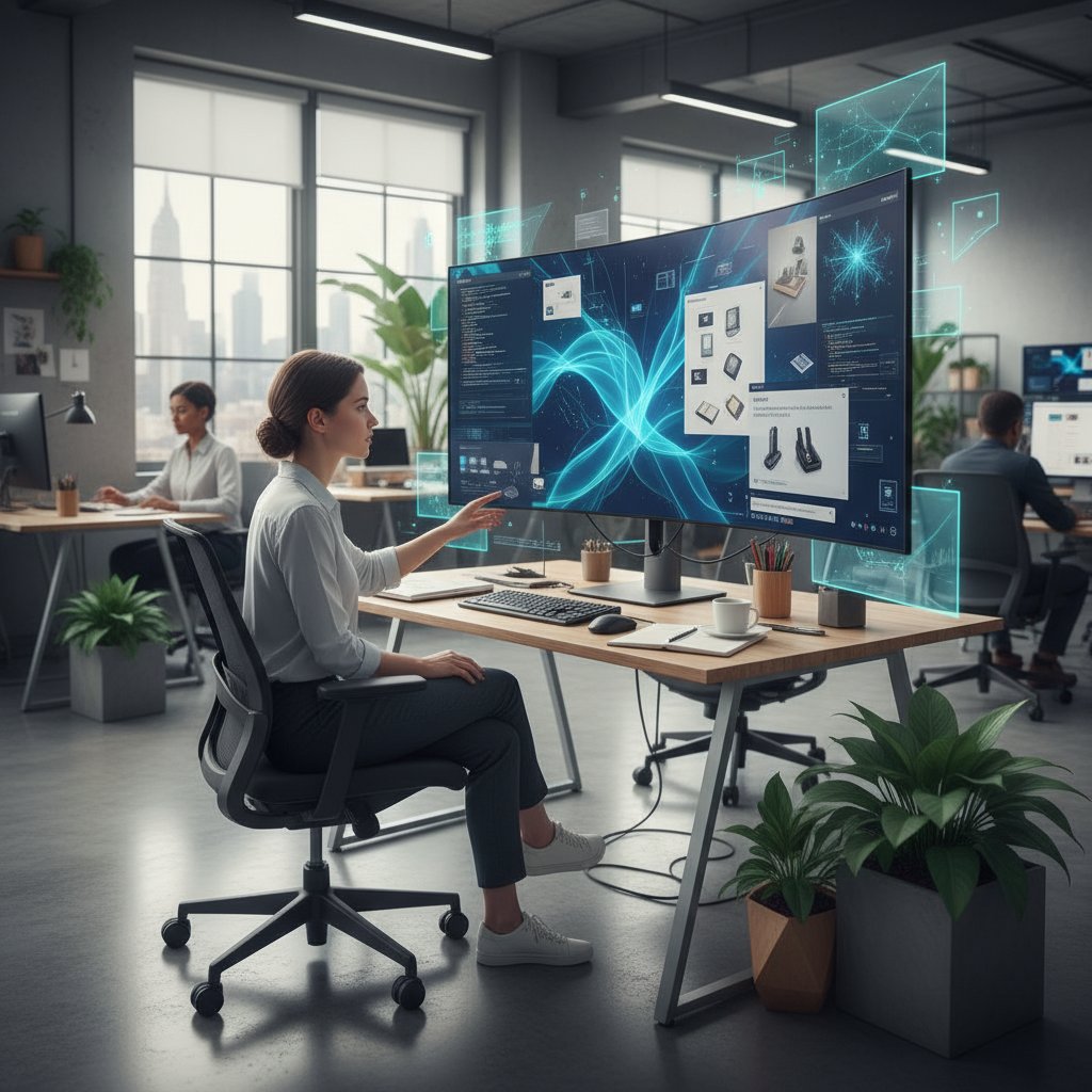 Programista analizujący dane kreatywne przy ekranie z wizualizacją AI, nowoczesne biuro