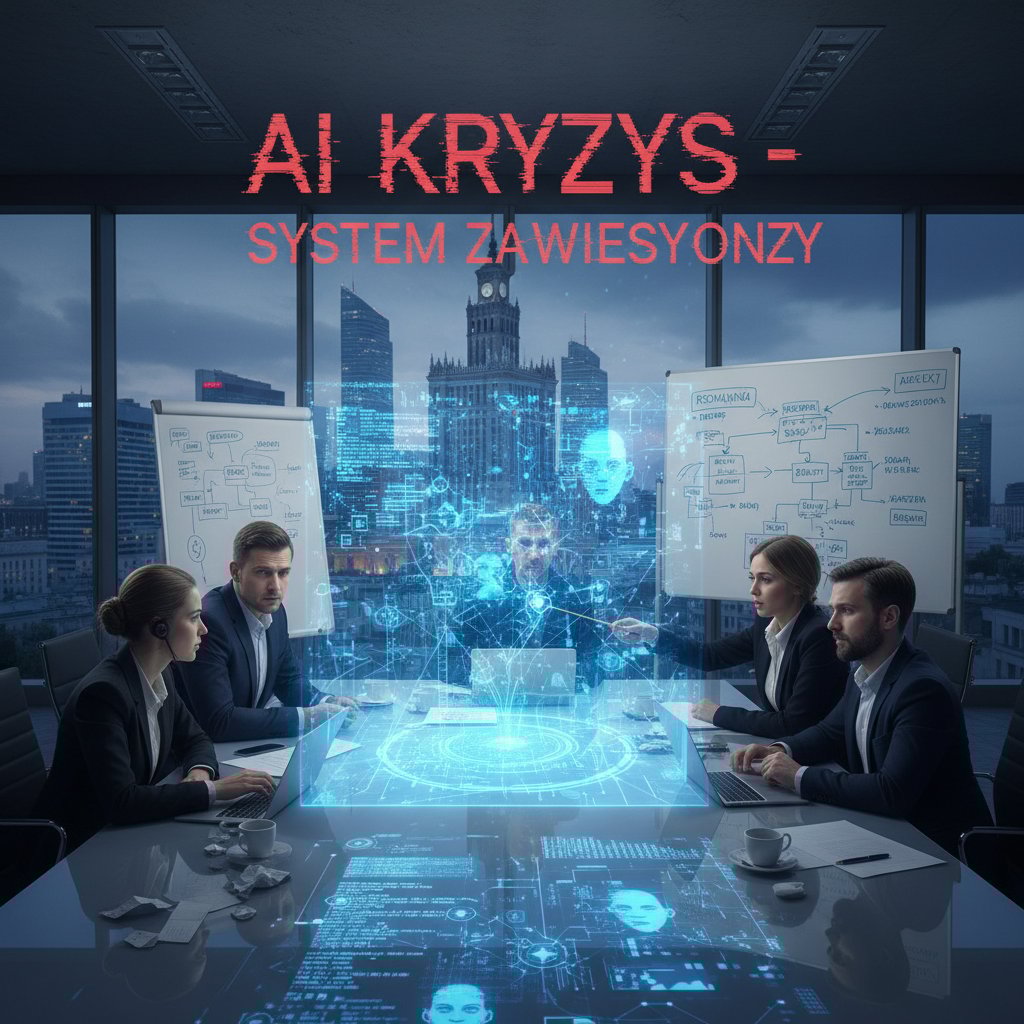 Kryzys podczas projektu AI – burzliwa narada w polskim biurze, słowa kluczowe: kryzys, wdrożenie AI, narada