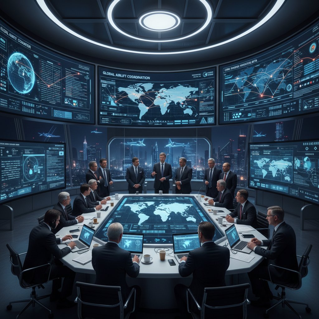 AI-powered crisis control center, diplomats and techs coordinating evacuation flights