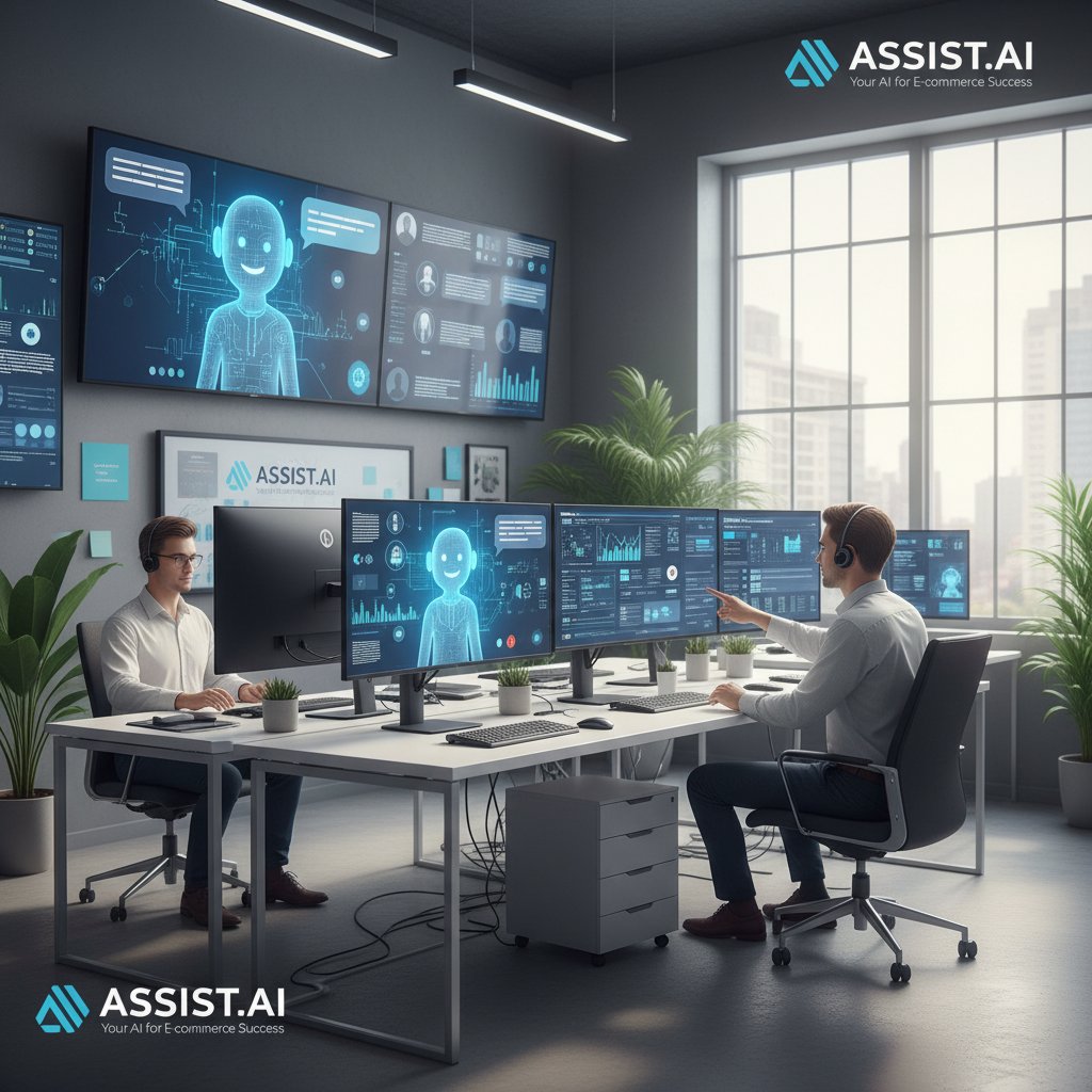 Wirtualny pracownik AI analizujący zgłoszenia klientów na tle biura e-commerce