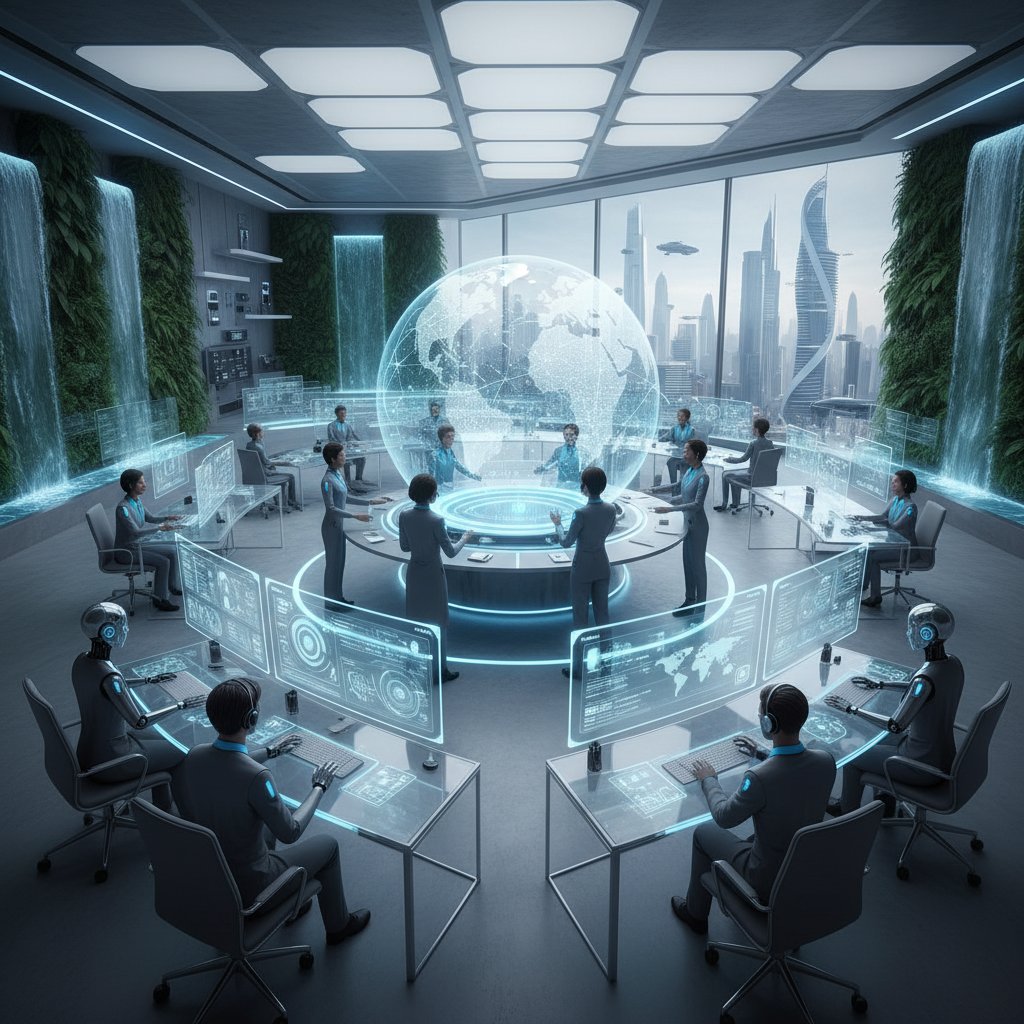 Photo: futuristic office with AI support kiosks, people collaborating
