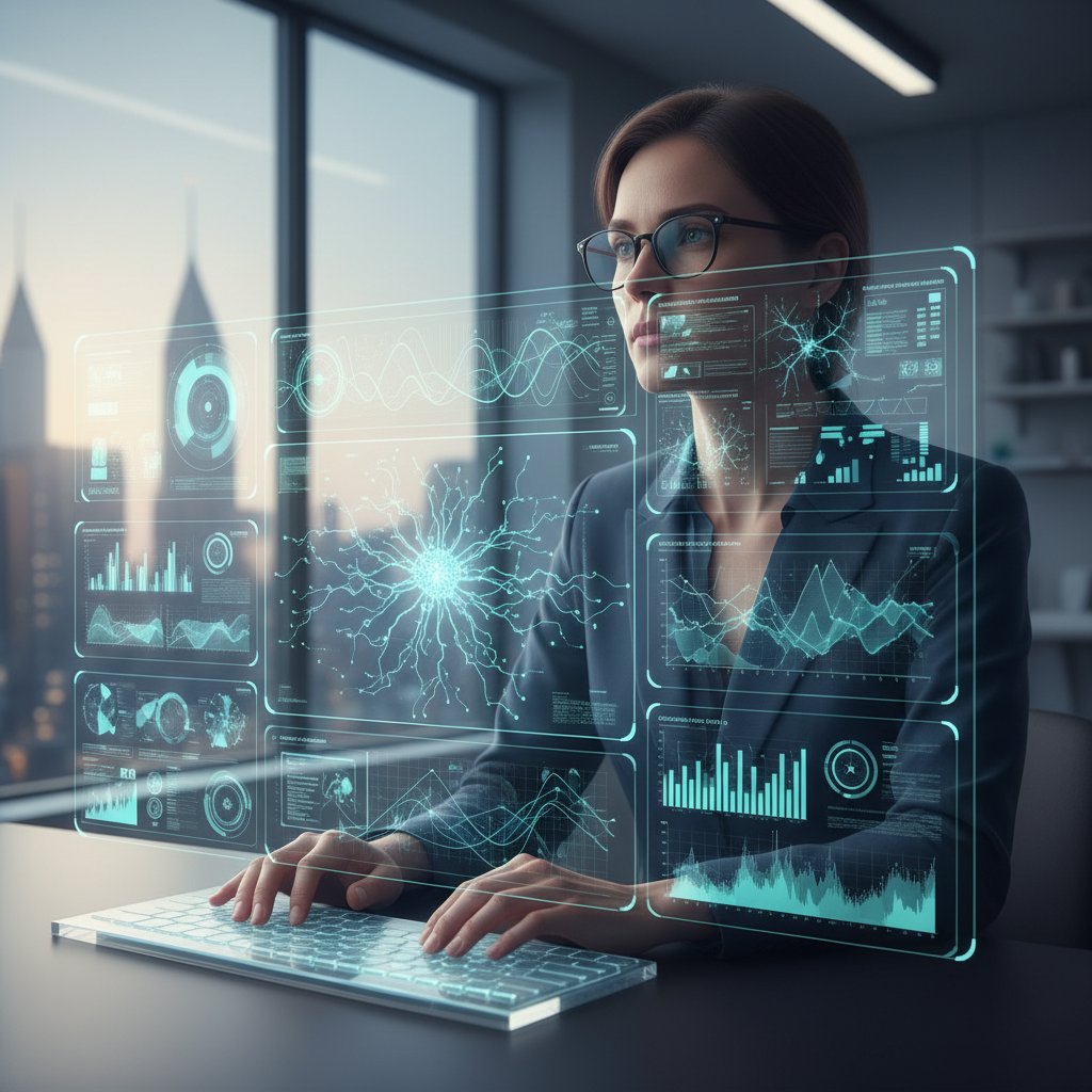 Researcher using AI-powered dashboard, serene and focused, with glowing academic data