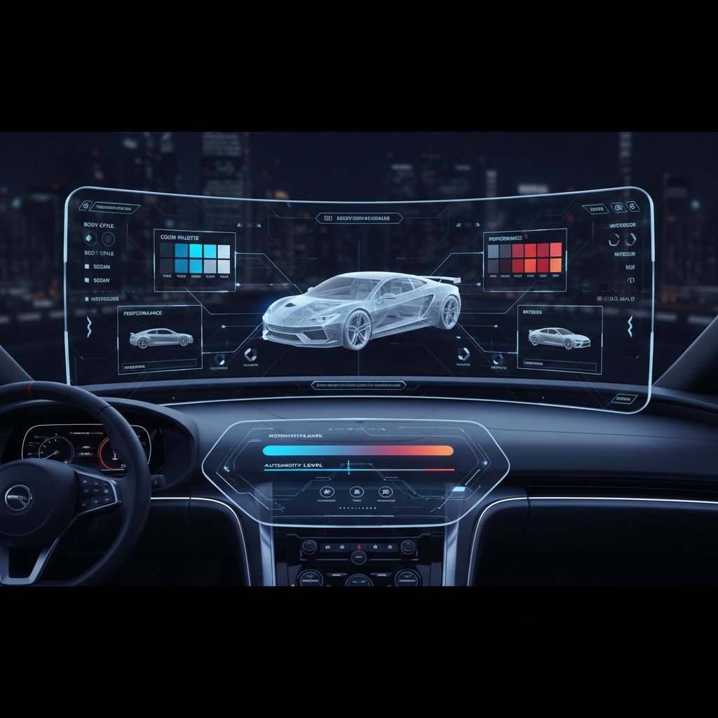AI dashboard analyzing car options in a futuristic digital interface, high contrast, modern, clear details