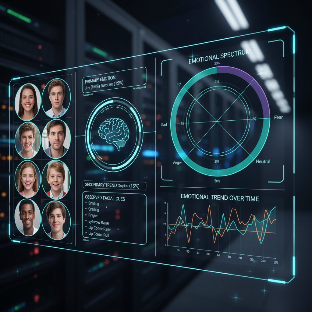 Zbliżenie na ekran z wykresami emocji i twarzą człowieka z analizowanymi punktami mimiki