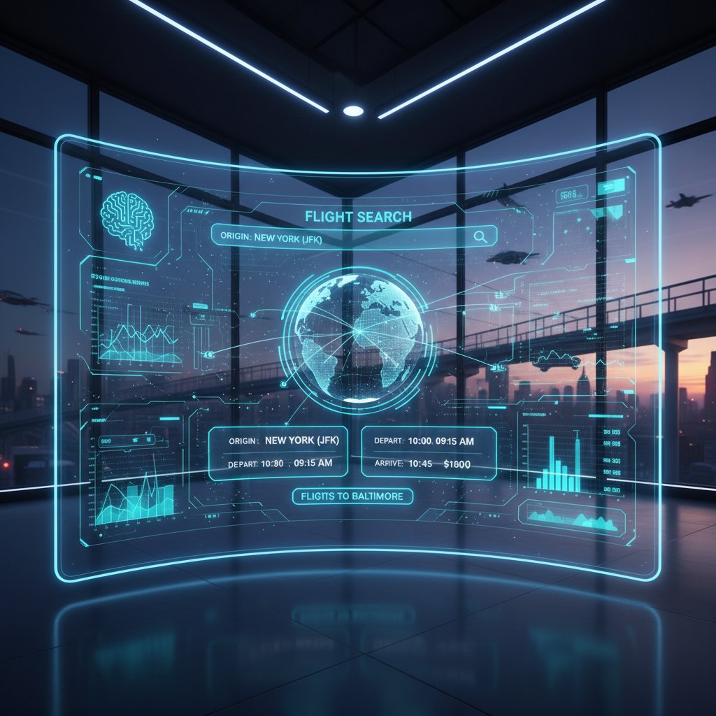 Close-up of AI-powered flight search dashboard on laptop, futuristic data visualizations, flights to Baltimore highlighted