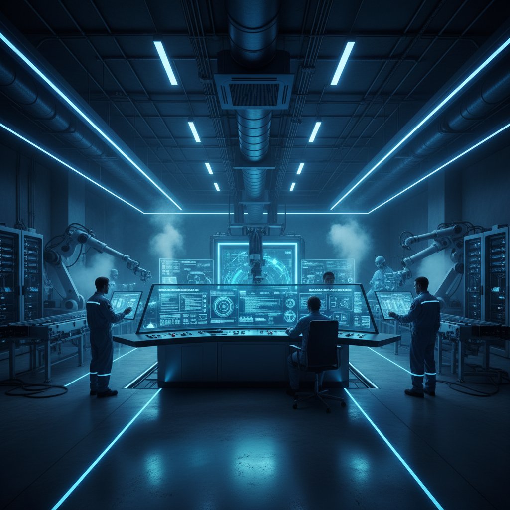 Sztuczna inteligencja w optymalizacji produkcji – dashboard AI na tle hali produkcyjnej