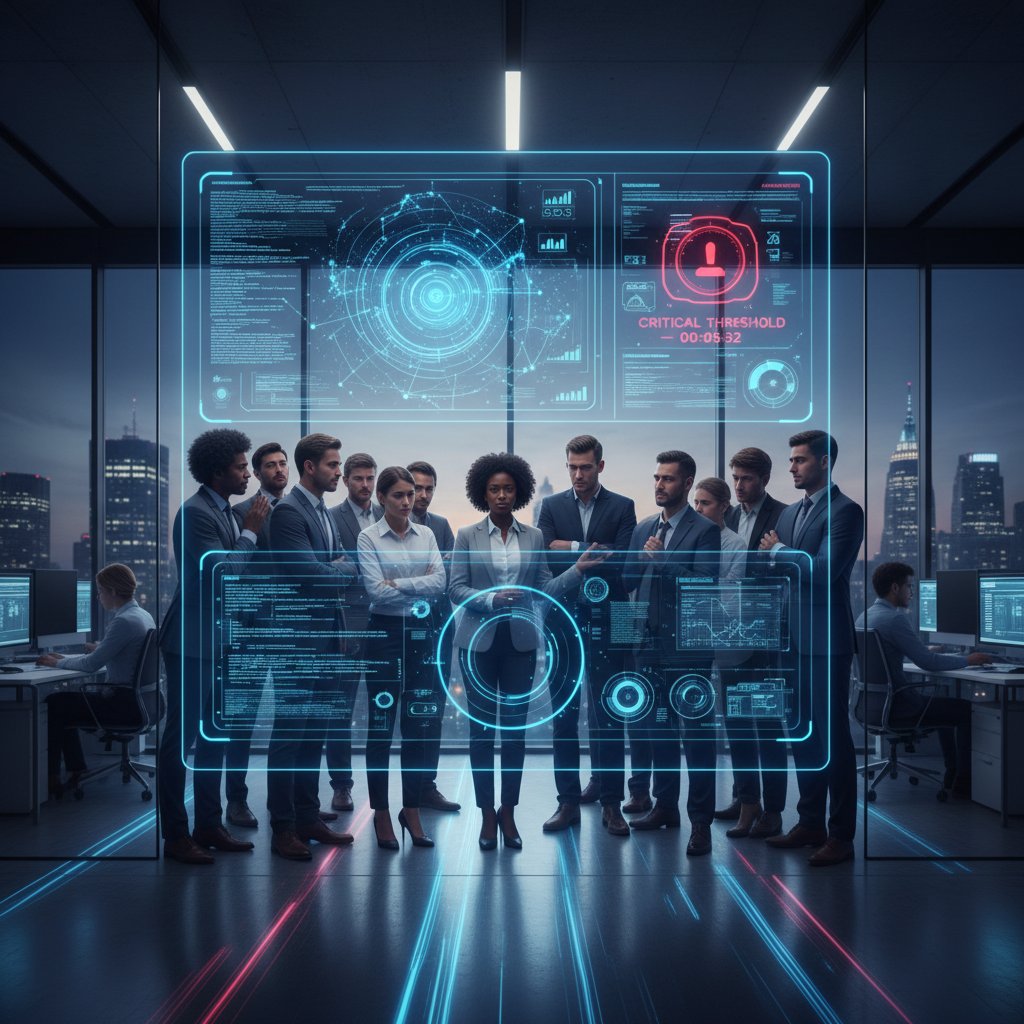 Nowoczesny dashboard AI analizujący zespół w szklanym biurze, napięcie i skupienie, optymalizacja zatrudnienia