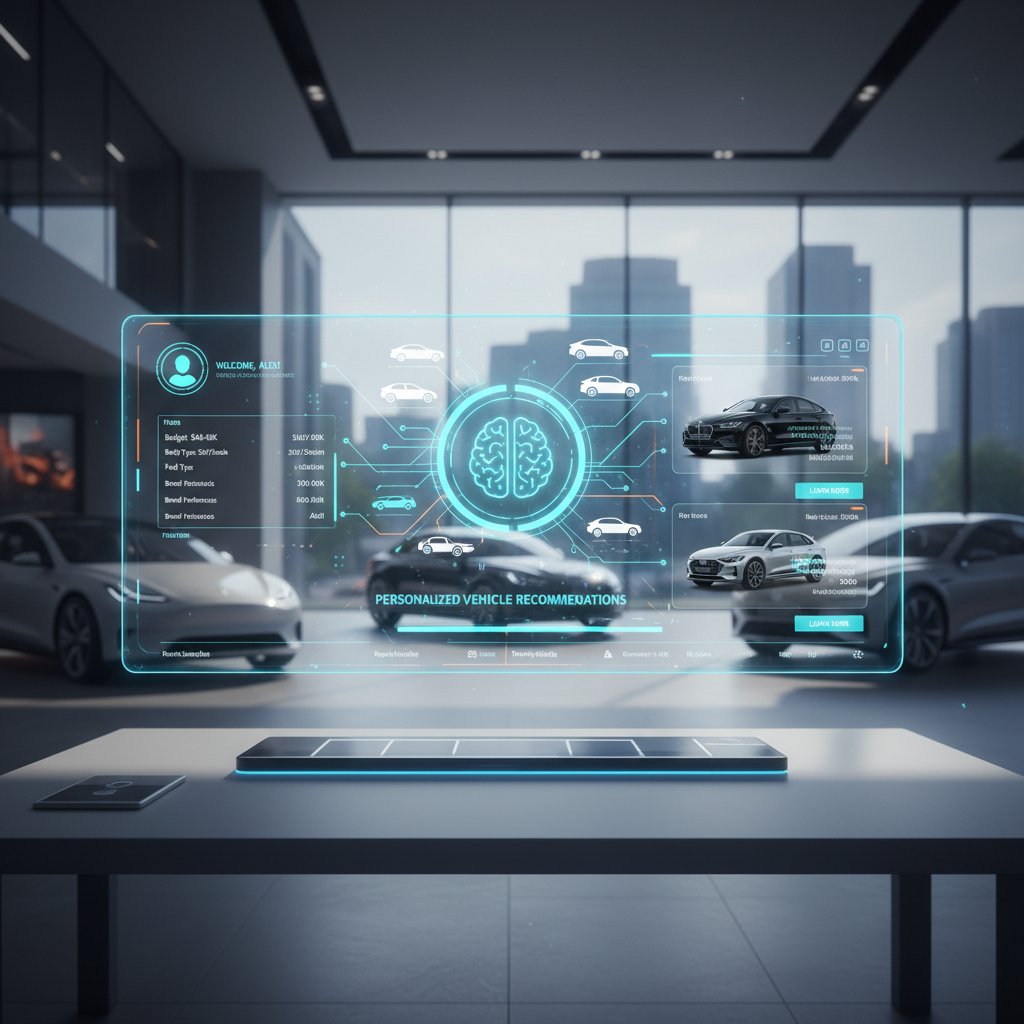 AI dashboard showing personalized car recommendations, digital car dealer platform