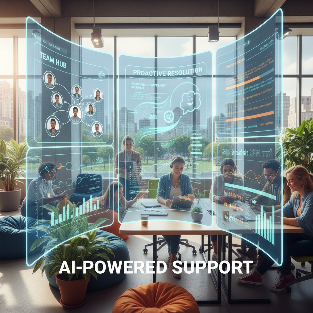 AI dashboard for proactive customer support, vibrant workspace, support team collaborating