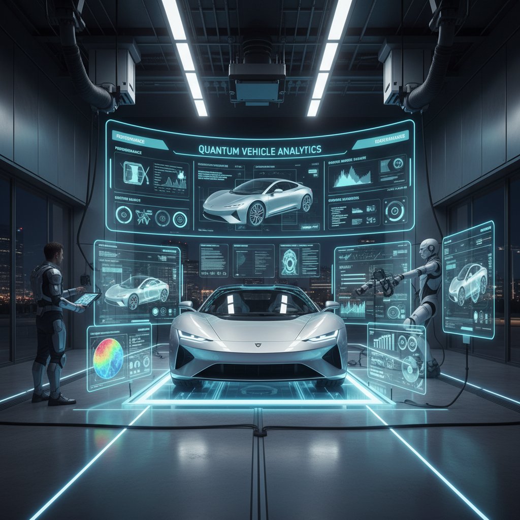 Futuristic AI dashboard analyzing vehicle data during a certified pre-owned inspection, innovative and sharp tech-driven garage setting