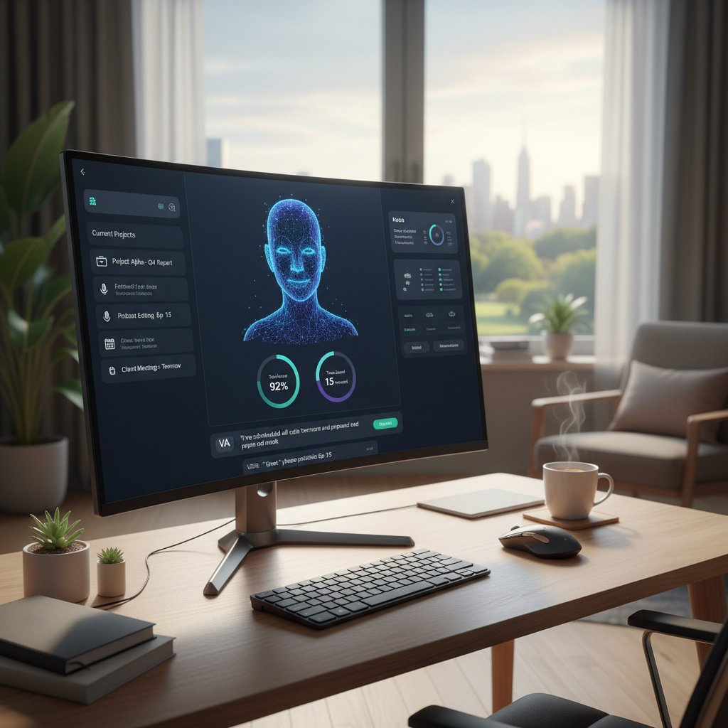 Nowoczesny panel zarządzania AI asystentem na ekranie laptopa – przyszłość pracy z domu