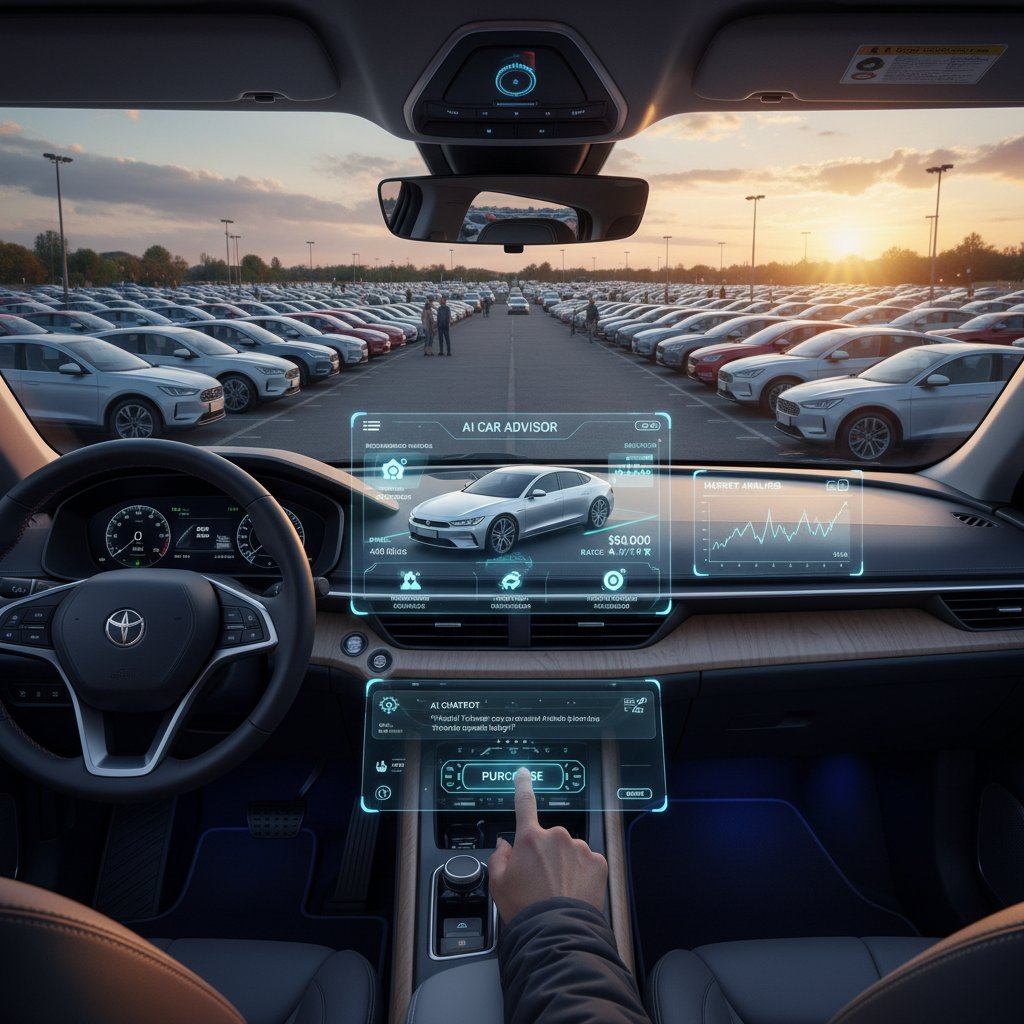 AI-powered car buying assistant interface over car lot.