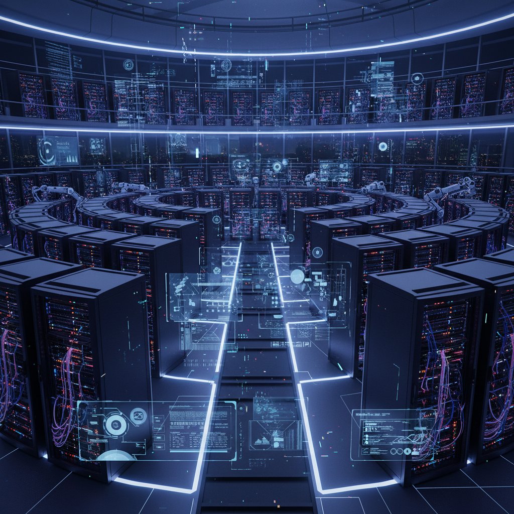 Nowoczesne centrum danych AI, serwery, światło LED, zaawansowana technologia