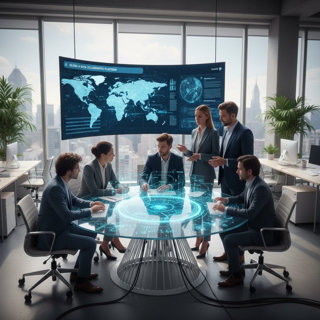 Visualizing AI and human data collaboration, conceptual photo with data streams between people and digital figure in an office