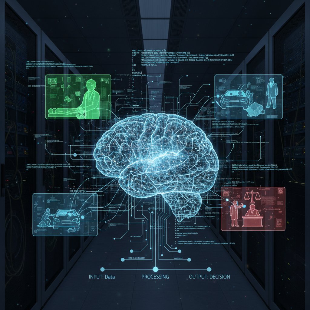 Zbliżenie na ekran komputera z kodem AI analizującym przypadki moralne, kontrastowe światło