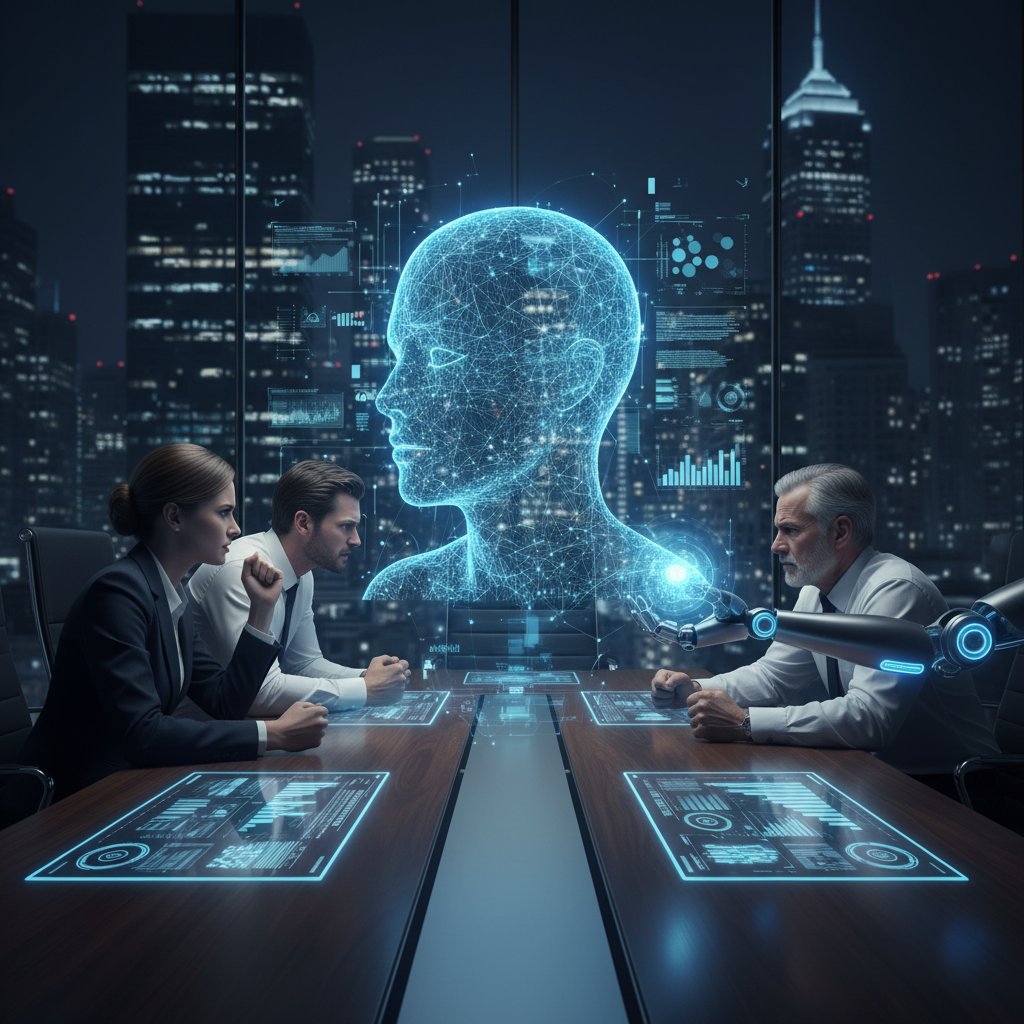 A tense boardroom in shadow with leaders confronting a digital AI avatar, symbolizing enterprise AI decision support