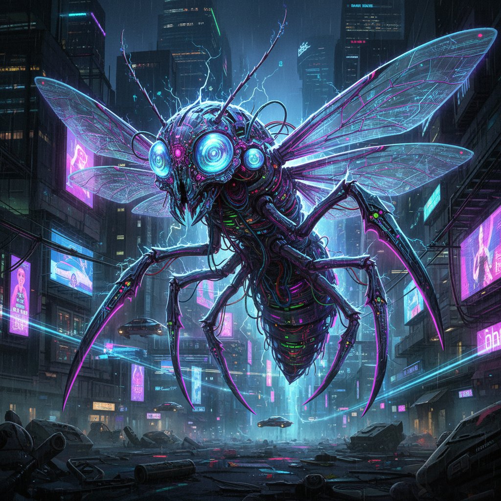Futuristic concept art of an AI-designed insect monster, digital tools visible, neon, cyberpunk, unsettling, killer insect movies