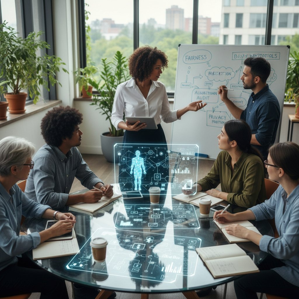 Projektantka AI analizująca kod z zespołem etyków podczas burzy mózgów – praktyka etycznego designu