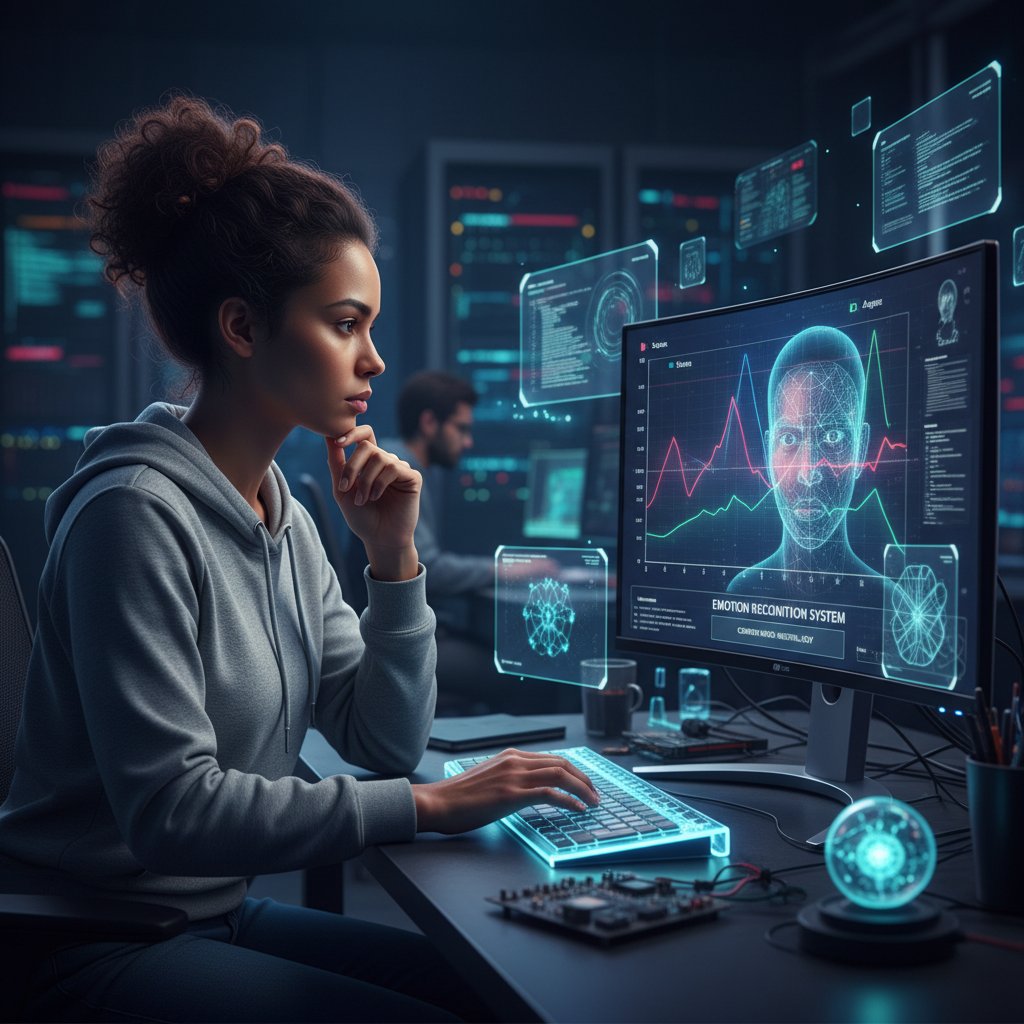 Moderne KI-Entwicklerin analysiert Sprachmuster auf Computerbildschirm, Fokus auf Emotionserkennung